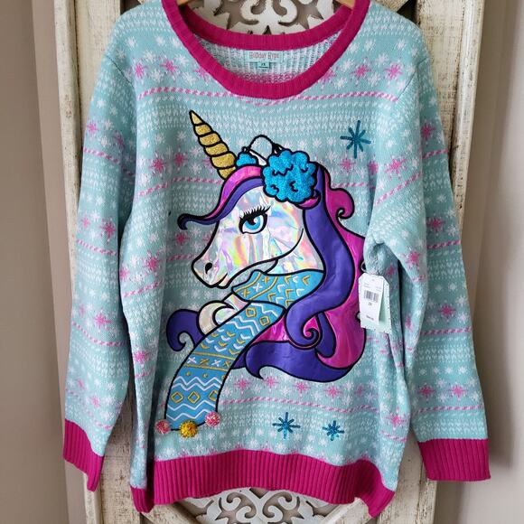 Holiday Hype Women's Plus 2X Unicorn Ugly Christmas Sweater Snowflakes Ice Blue - Picture 1 of 5